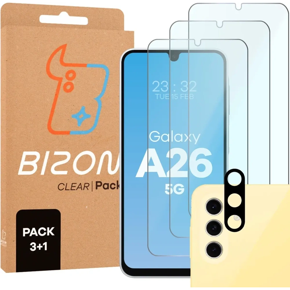 3x szkło na ekran + 1x na aparat BIZON Clear 2 Pack do Samsung Galaxy A26 5G