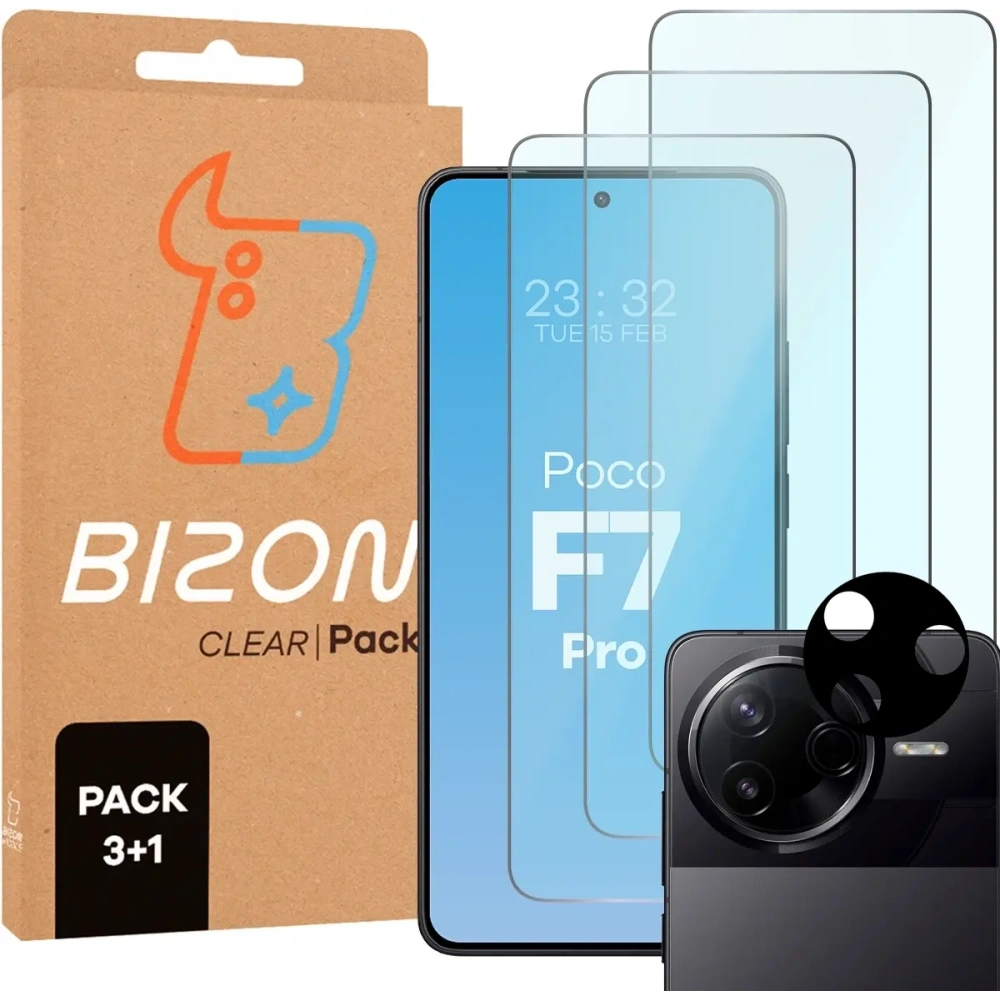 3x szkło na ekran + 1x na aparat BIZON Clear 2 Pack do Xiaomi Poco F7 Pro