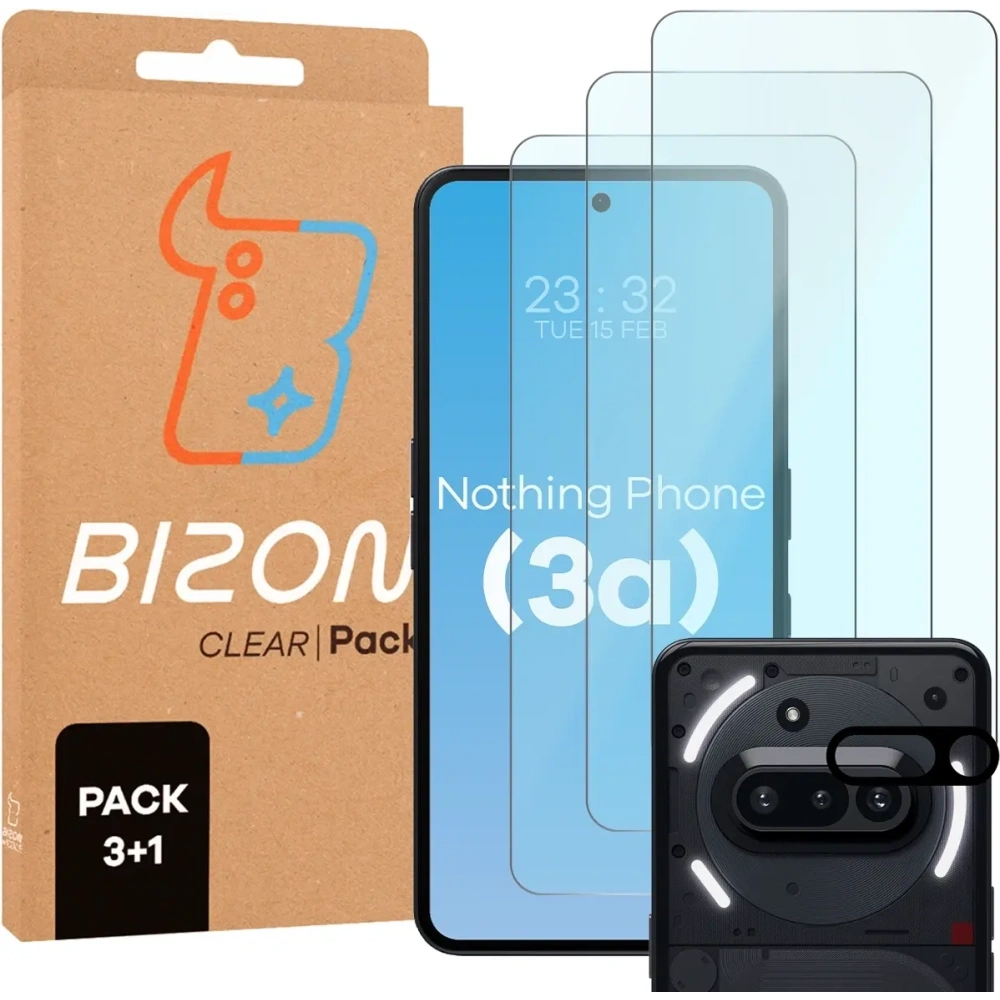 3x szkło na ekran + 1x na aparat BIZON Clear 2 Pack do Nothing Phone (3a)