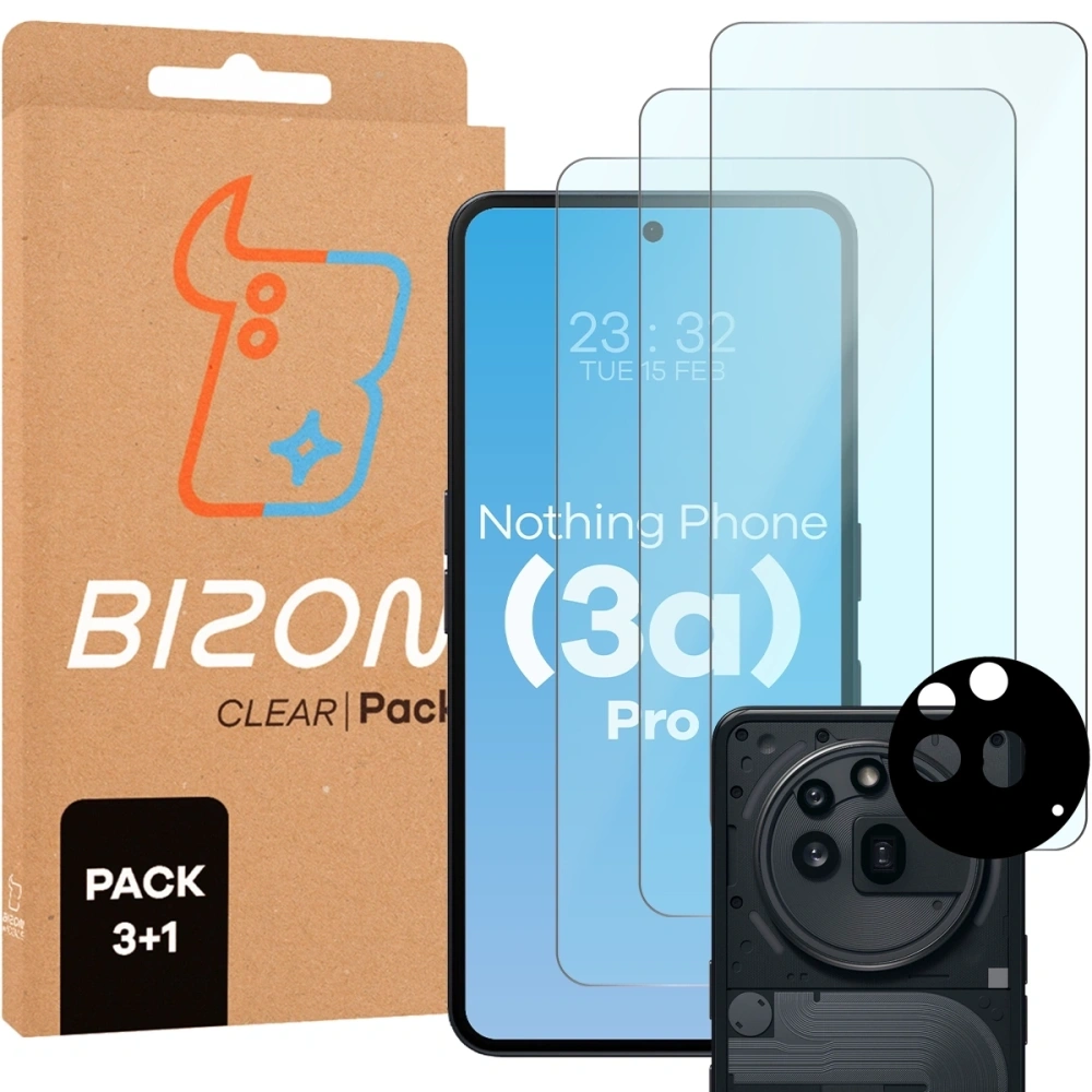 3x szkło na ekran + 1x na aparat BIZON Clear 2 Pack do Nothing Phone (3a) Pro