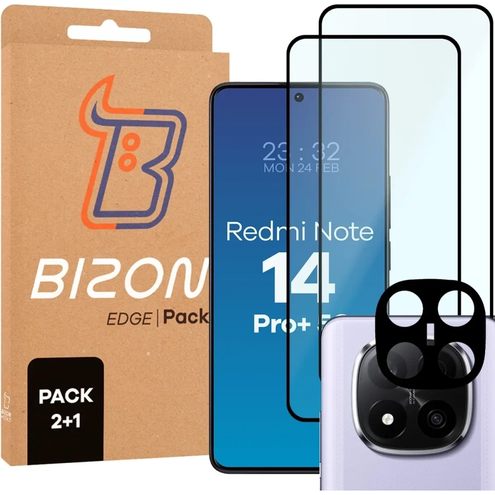 2x szkło na ekran + 1x na aparat Bizon Edge 2 3D Pack do Xiaomi Redmi Note 14 Pro+ Plus 5G