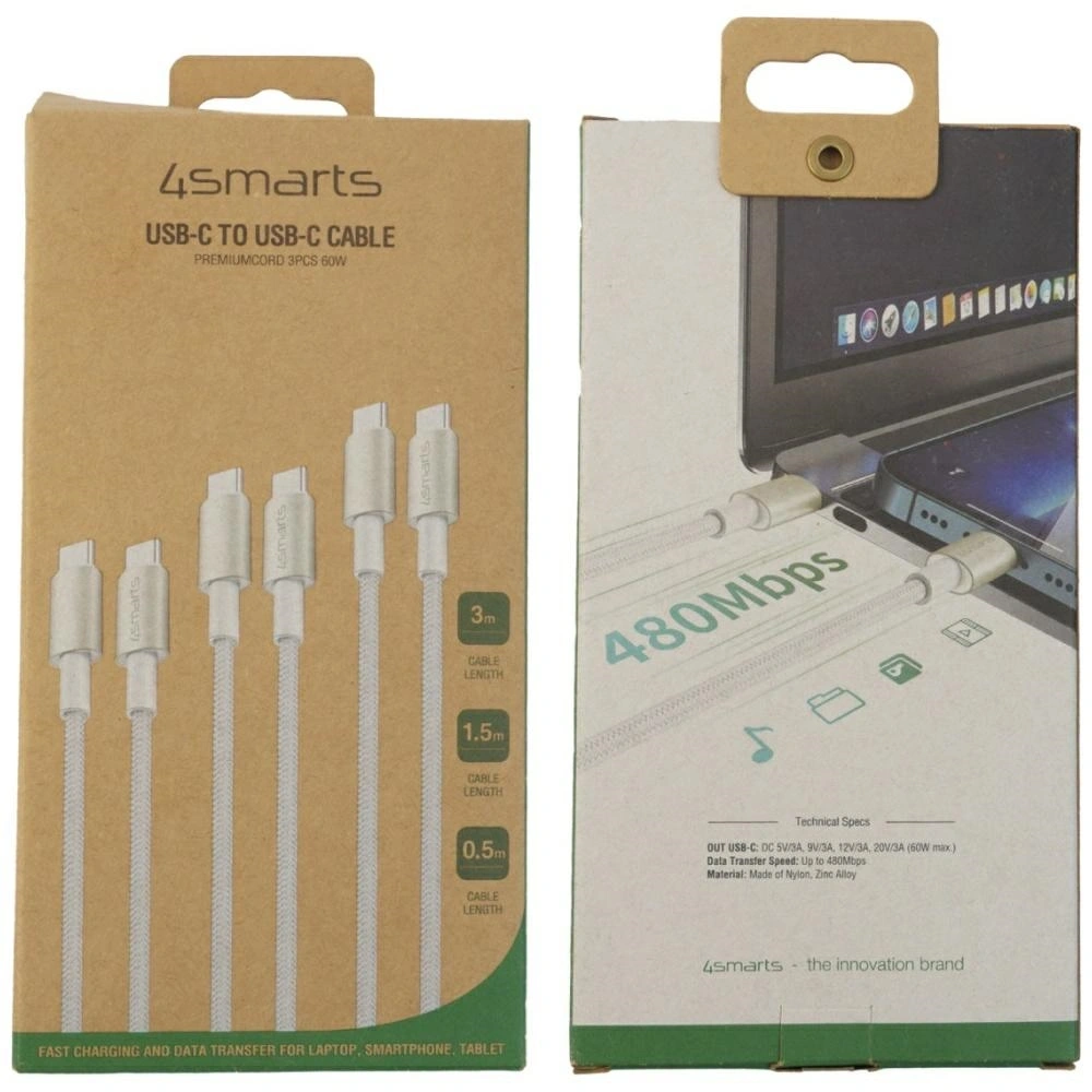 Kabel USB-C / USB-C 4smarts PremiumCord 60W biały/srebrny [3 PACK]