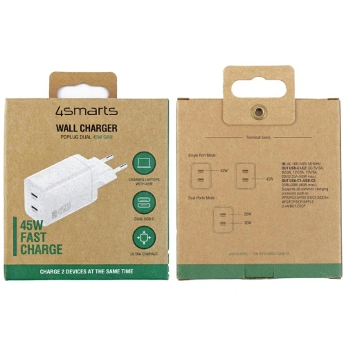 Kup 4smarts PDPlug Dual 45W GaN 2xUSB-C Bílý Nástěnný Nabíječ - 4SMR90 - {ean13} - Sklep Home Screen
