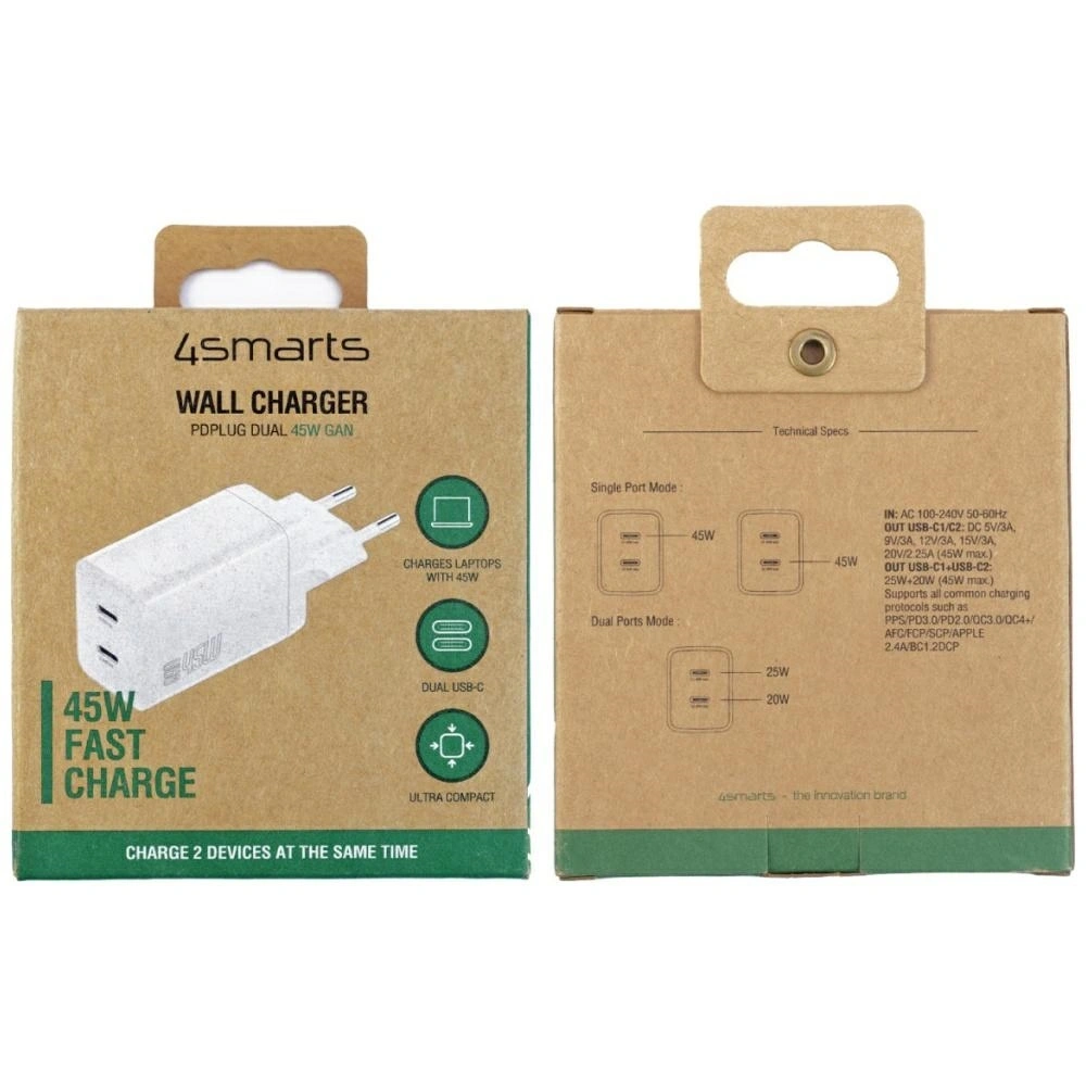 Ładowarka sieciowa 4smarts PDPlug Dual 45W GaN 2xUSB-C biała