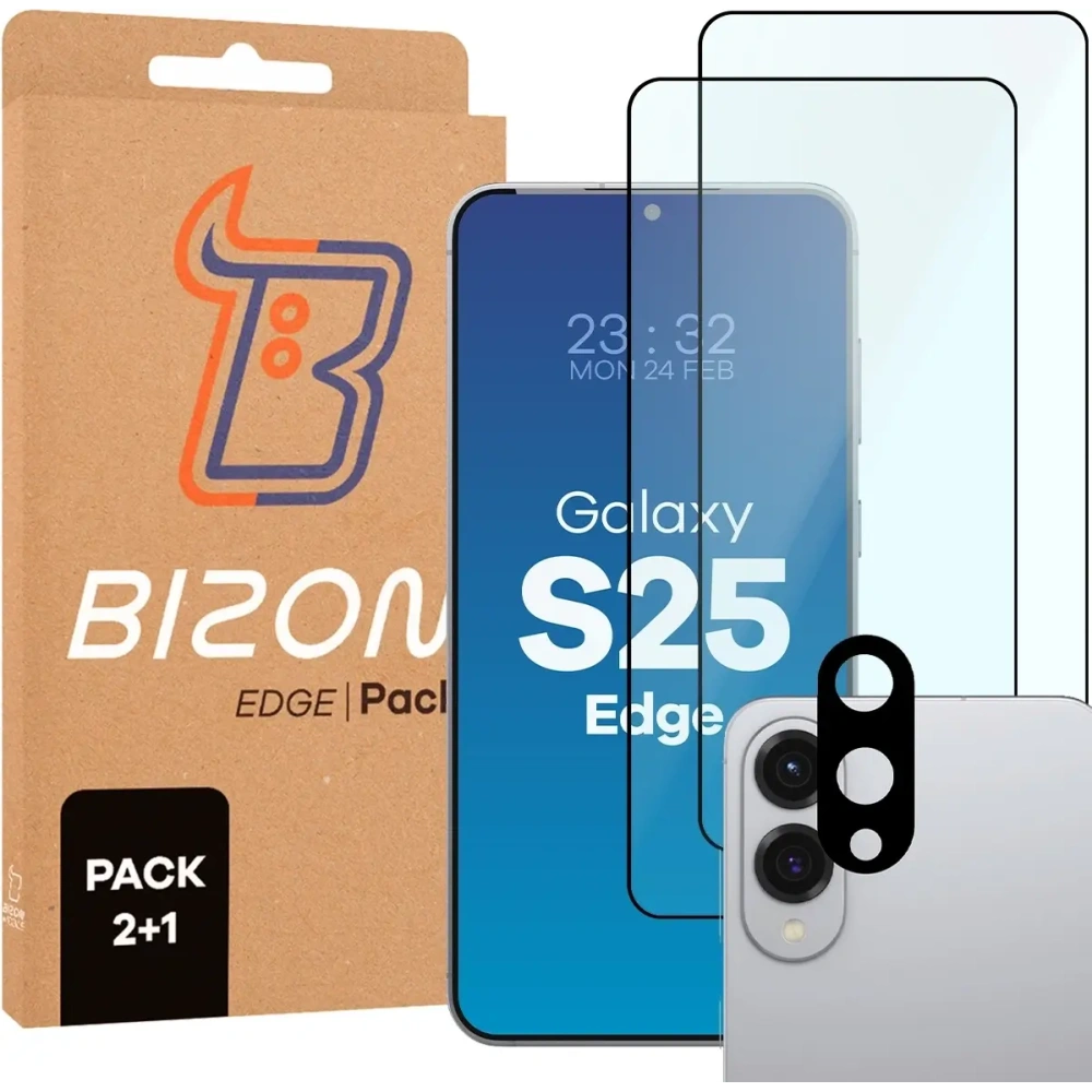 2x Szkło na ekran + szkło na aparat BIZON Edge Pack do Samsung Galaxy S25 Edge