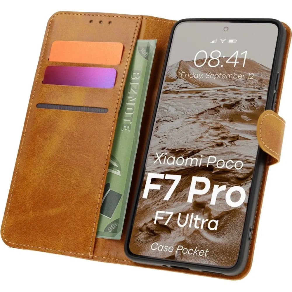Etui z klapką Bizon Case Pocket do Xiaomi POCO F7 Pro / F7 Ultra brązowe