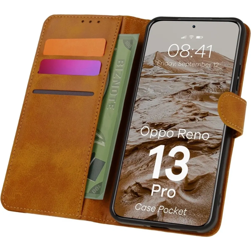 Etui z klapką Bizon Case Pocket do Oppo Reno13 Pro brązowe