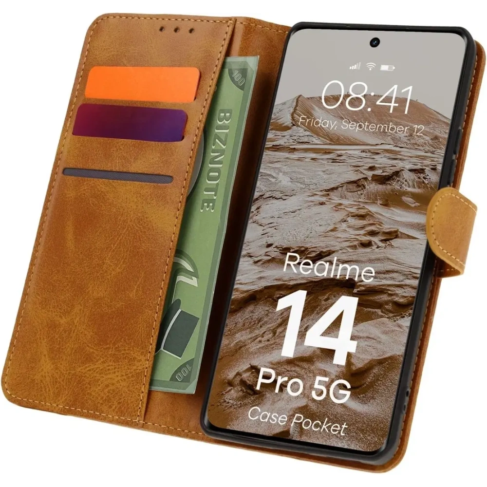 Etui z klapką Bizon Case Pocket do Realme 14 Pro 5G brązowe