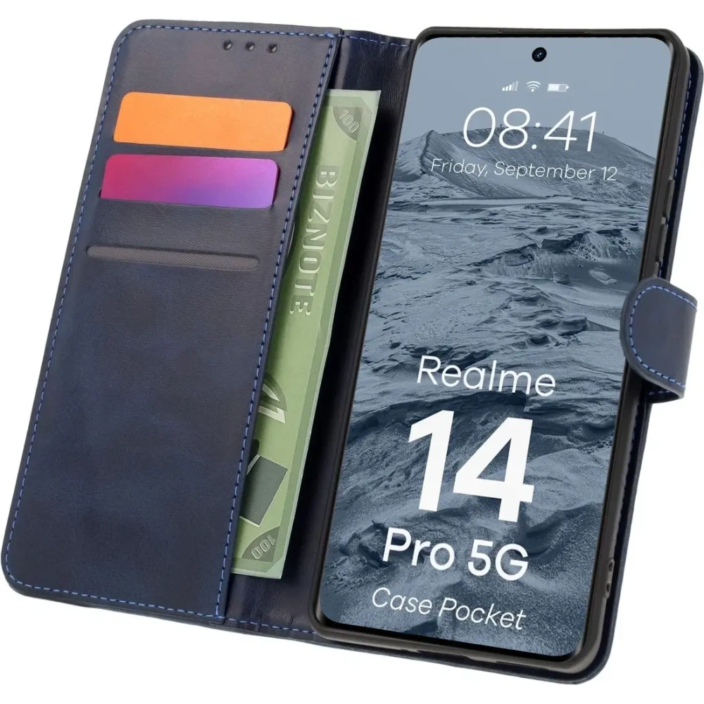 Etui z klapką Bizon Case Pocket do Realme 14 Pro 5G granatowe