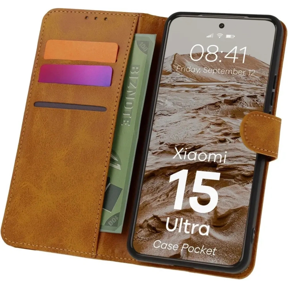 Etui z klapką Bizon Case Pocket do Xiaomi 15 Ultra brązowe