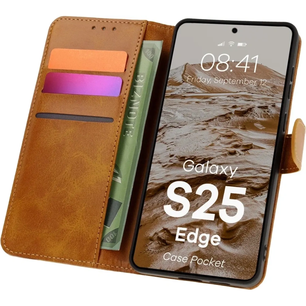 Etui z klapką Bizon Case Pocket do Samsung Galaxy S25 Edge brązowe