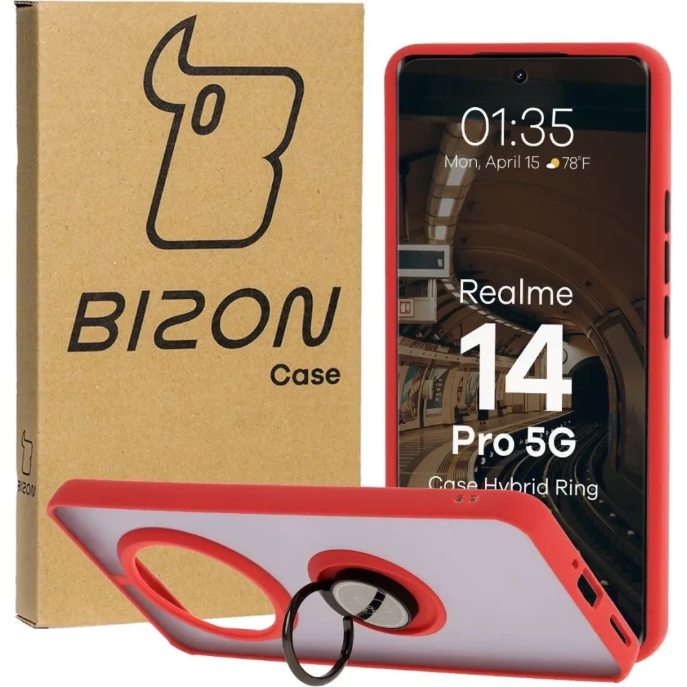 Etui z uchwytem na palec Bizon Case Hybrid Ring do Realme 14 Pro 5G przydymione z czerwoną ramką