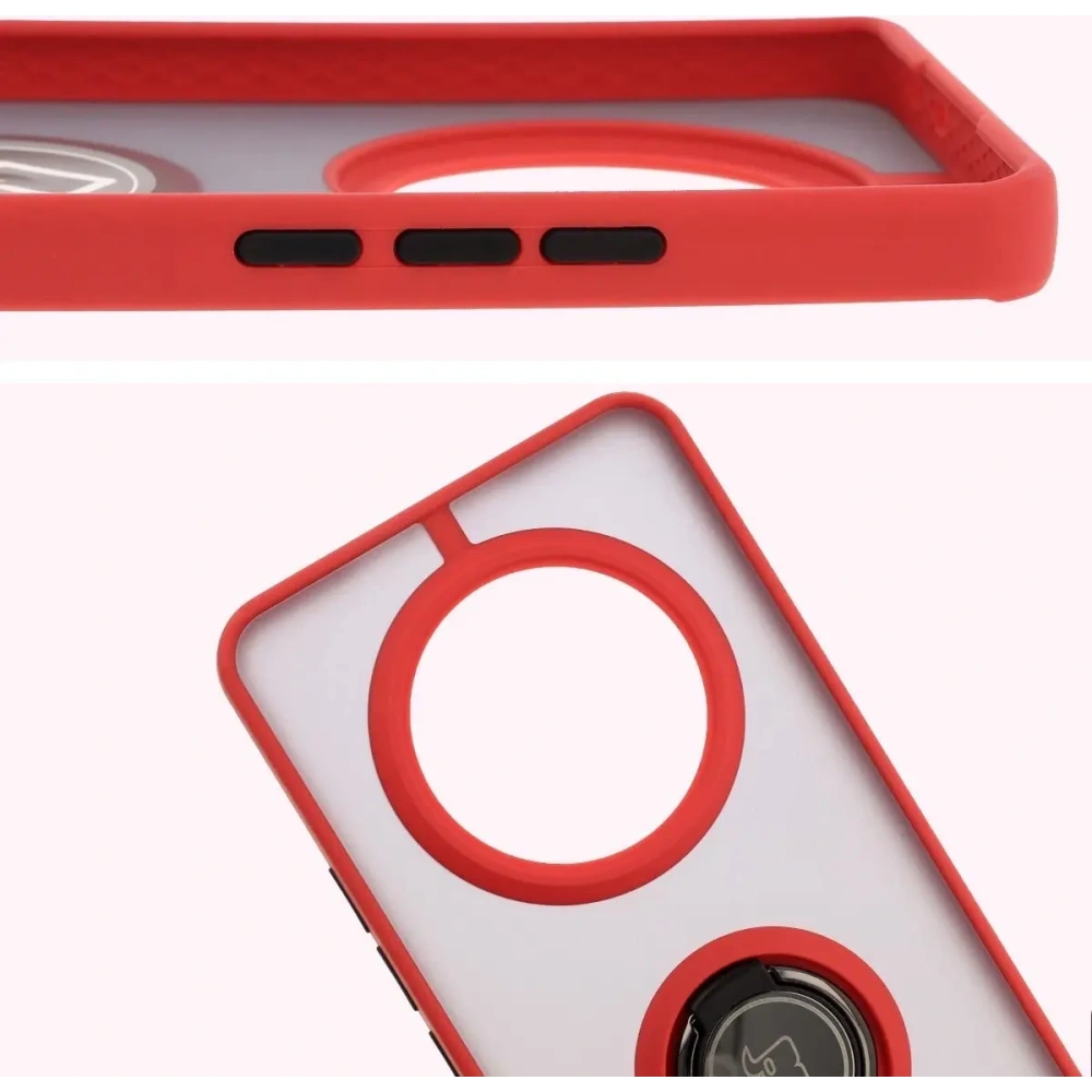 Etui z uchwytem na palec Bizon Case Hybrid Ring do Realme 14 Pro 5G przydymione z czerwoną ramką