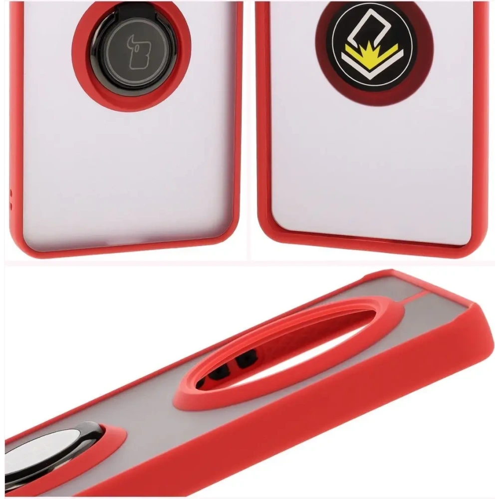 Etui z uchwytem na palec Bizon Case Hybrid Ring do Realme 14 Pro 5G przydymione z czerwoną ramką