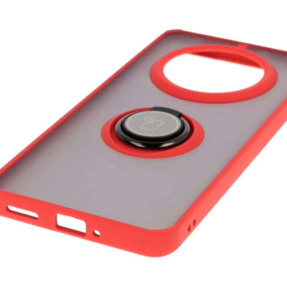 Etui z uchwytem na palec Bizon Case Hybrid Ring do Realme 14 Pro 5G przydymione z czerwoną ramką
