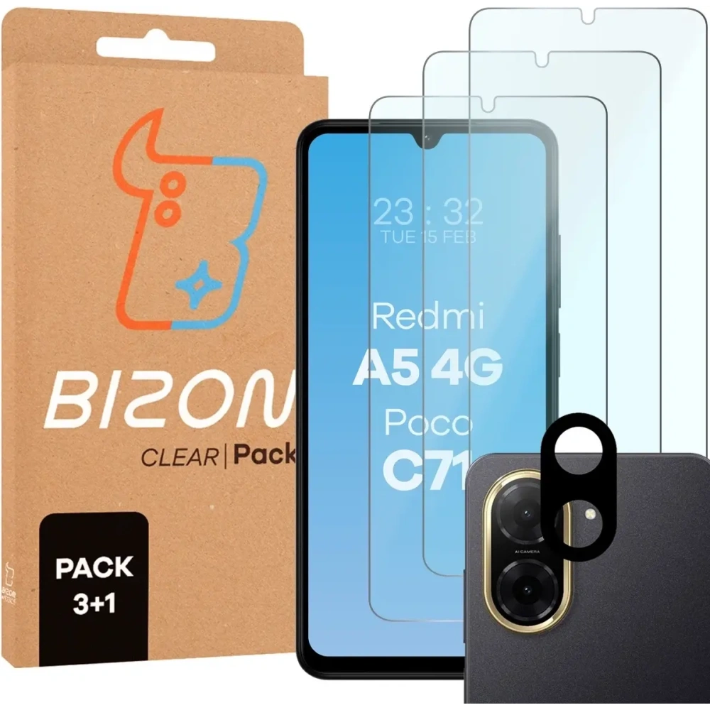 3x szkło na ekran+ szkło na aparat Bizon Glass Clear 2 Pack do Xiaomi Redmi A5 4G / POCO C71 4G