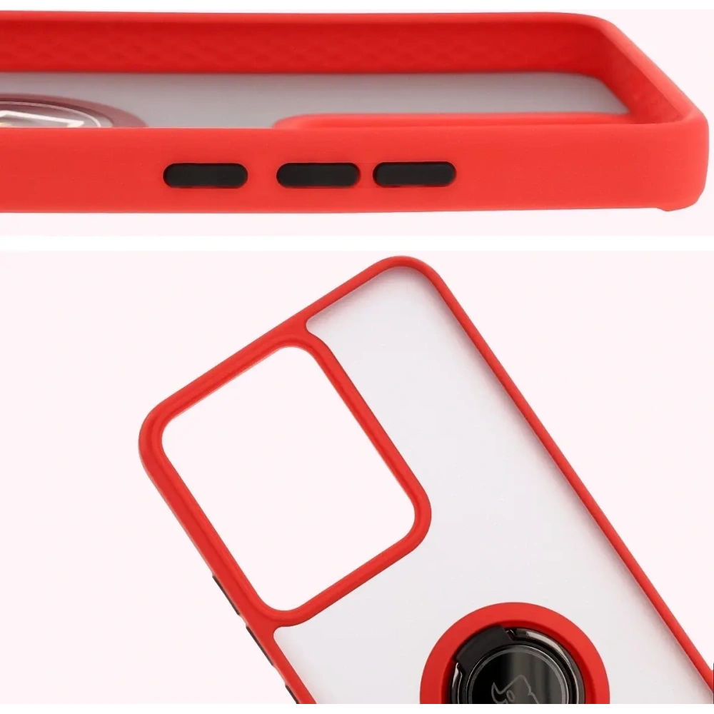 Etui z uchwytem na palec Bizon Case Hybrid Ring do Realme 14 5G / 14T 5G przydymione z czerwoną ramką