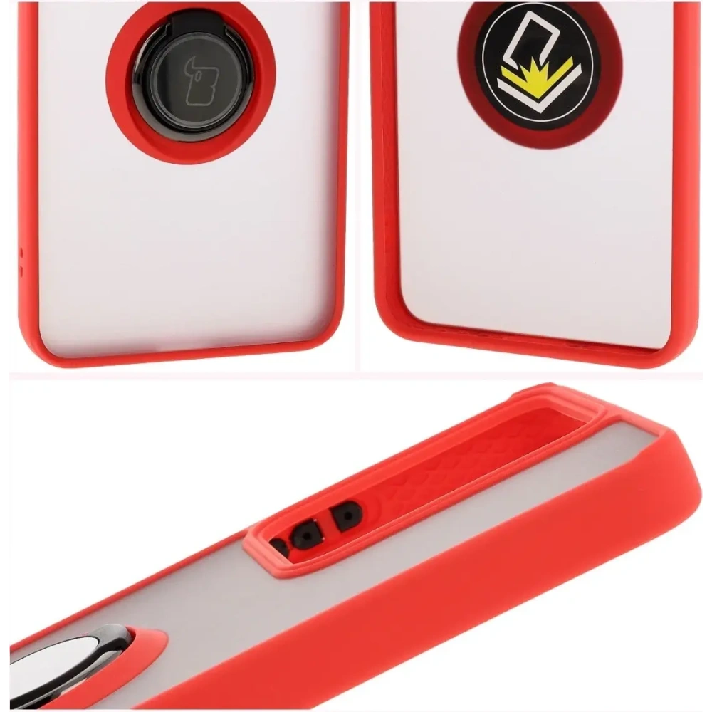 Etui z uchwytem na palec Bizon Case Hybrid Ring do Realme 14 5G / 14T 5G przydymione z czerwoną ramką