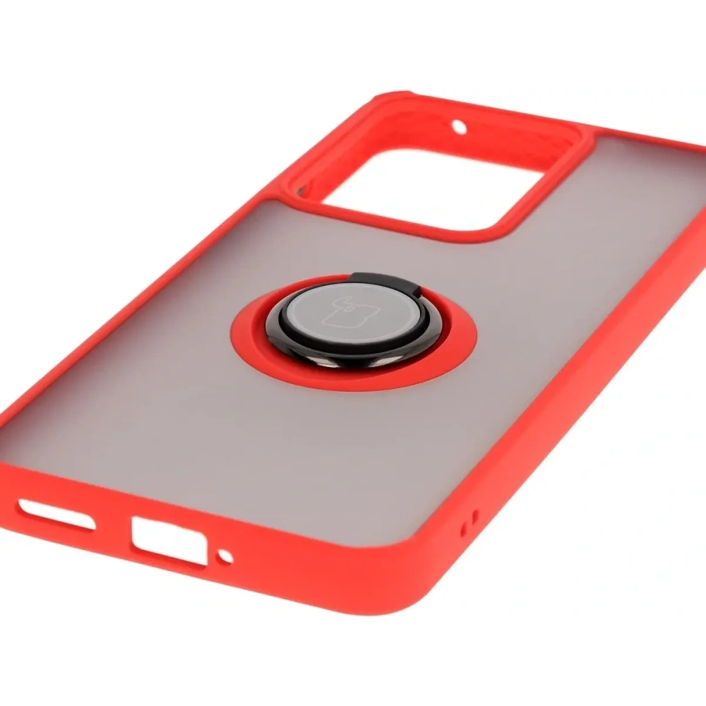 Etui z uchwytem na palec Bizon Case Hybrid Ring do Realme 14 5G / 14T 5G przydymione z czerwoną ramką