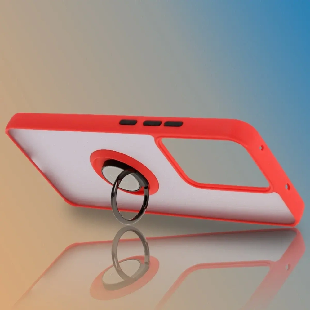 Etui z uchwytem na palec Bizon Case Hybrid Ring do Realme 14 5G / 14T 5G przydymione z czerwoną ramką