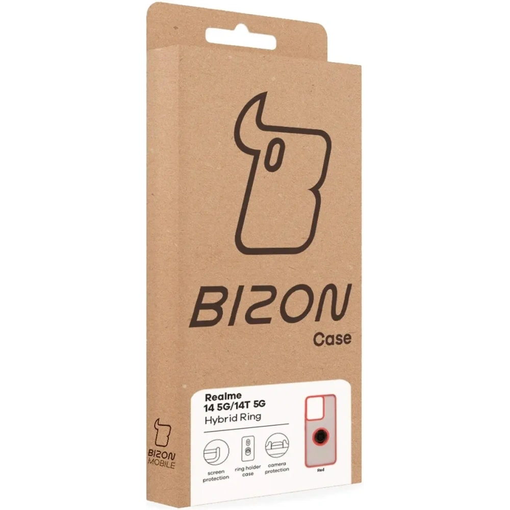 Etui z uchwytem na palec Bizon Case Hybrid Ring do Realme 14 5G / 14T 5G przydymione z czerwoną ramką
