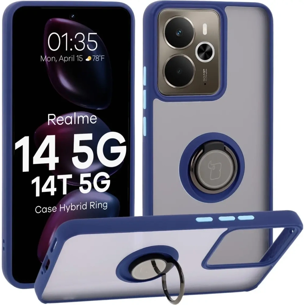 Etui z uchwytem na palec Bizon Case Hybrid Ring do Realme 14 5G / 14T 5G przydymione z granatową ramką