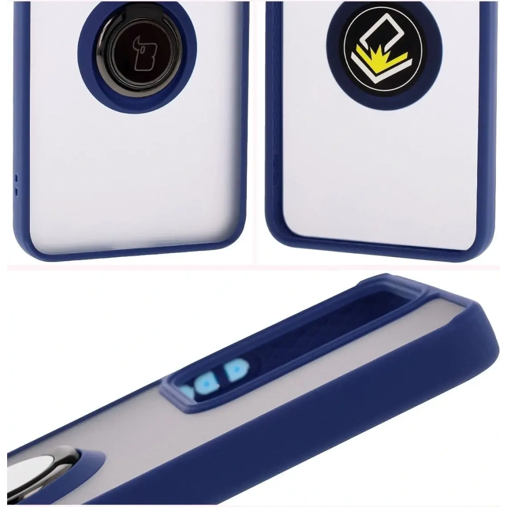 Etui z uchwytem na palec Bizon Case Hybrid Ring do Realme 14 5G / 14T 5G przydymione z granatową ramką