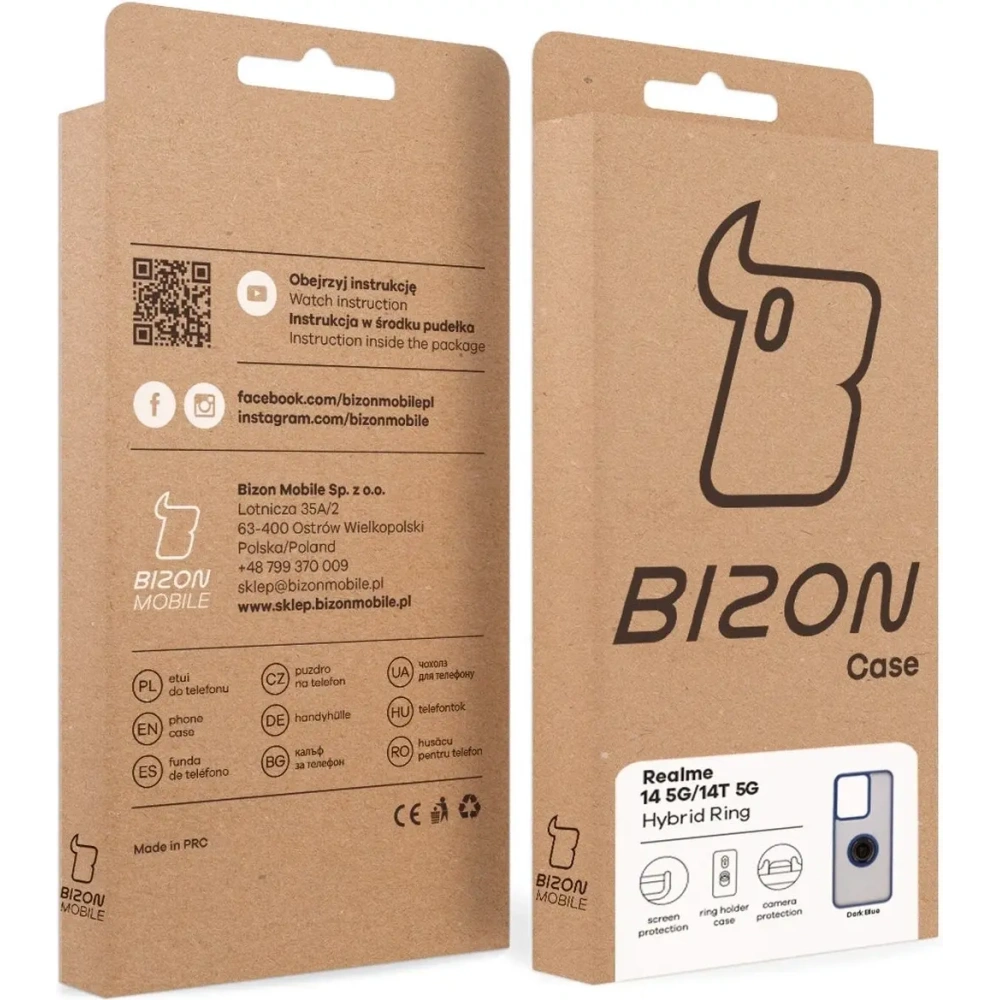 Etui z uchwytem na palec Bizon Case Hybrid Ring do Realme 14 5G / 14T 5G przydymione z granatową ramką