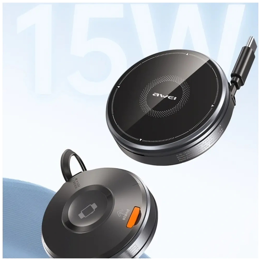 Ładowarka indukcyjna 3w1 AWEI W27 15W MagSafe do telefonu, zegarka z kablem USB-C Fast Charging czarny