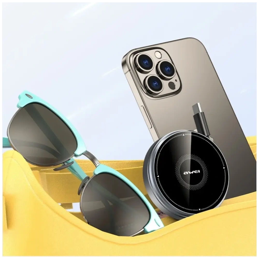 Ładowarka indukcyjna 3w1 AWEI W27 15W MagSafe do telefonu, zegarka z kablem USB-C Fast Charging czarny