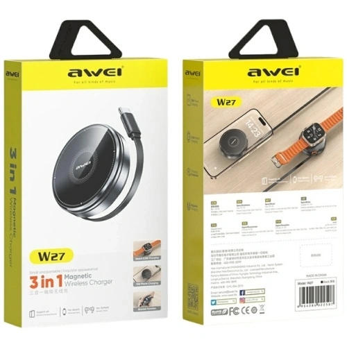 Kup AWEI W27 15W 3-in-1 Încărcător Inducție MagSafe pentru telefon, ceas cu cablu USB-C de Încărcare Rapidă negru - AWEI253 - {ean13} - Sklep Home Screen