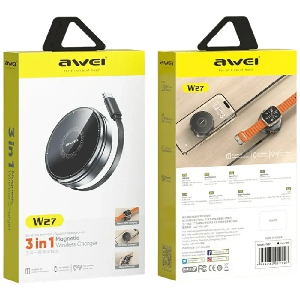 Ładowarka indukcyjna 3w1 AWEI W27 15W MagSafe do telefonu, zegarka z kablem USB-C Fast Charging czarny