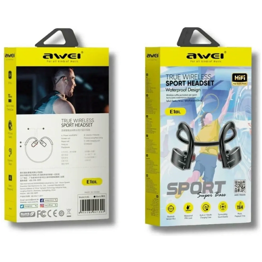 Bezprzewodowe słuchawki dokanałowe AWEI E1BL Bluetooth 5.3 sportowe czarny