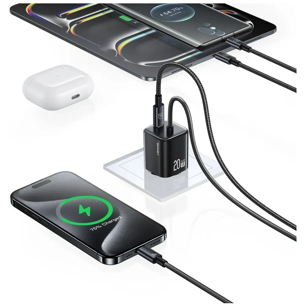 Ładowarka sieciowa USAMS JC Series CC261 20W GaN Mini Fast Charger 2xUSB-C czarny