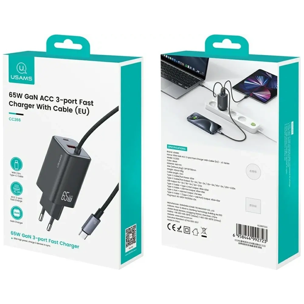 Ładowarka sieciowa USAMS JC Series CC266 65W GaN Fast Charger USB-A, 2xUSB-C biały