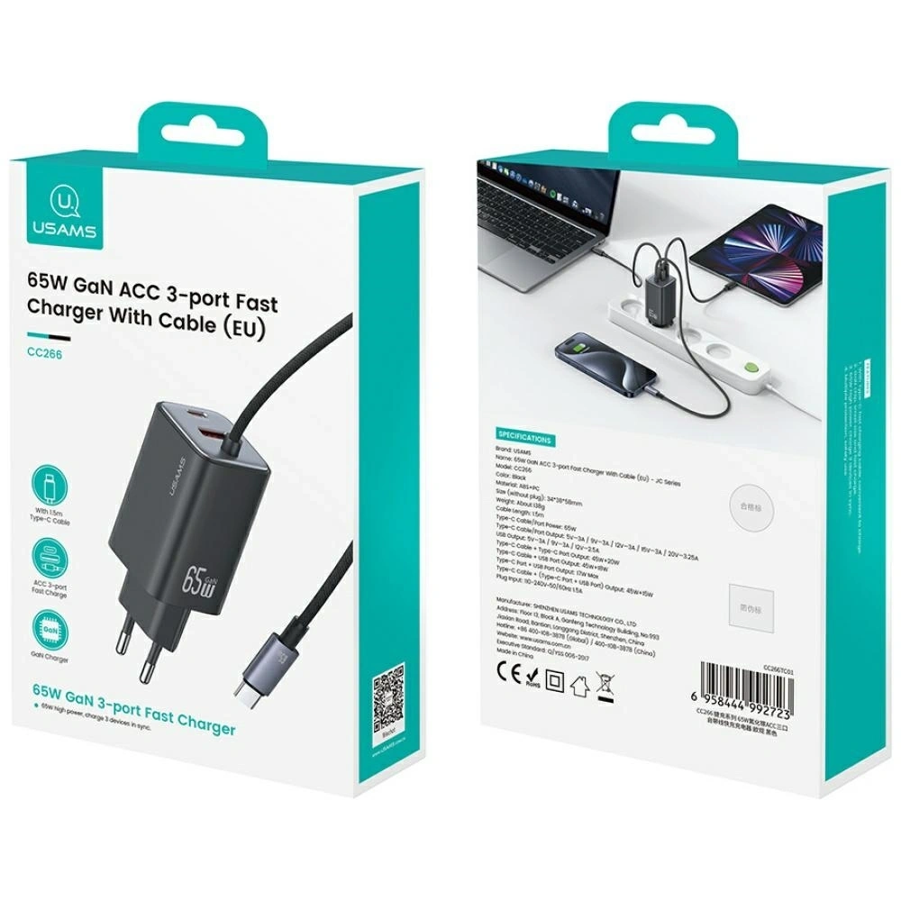 Ładowarka sieciowa USAMS JC Series CC266 65W GaN Fast Charger USB-A, 2xUSB-C czarny