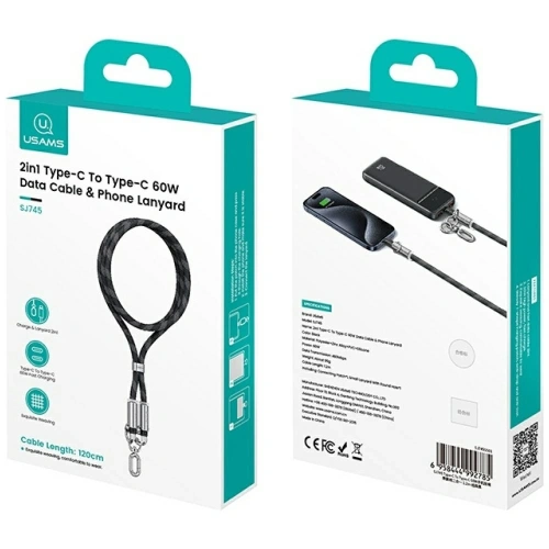 Kup Smycz do telefonu z kablem do ładowania USB-C / USB-C USAMS SJ745 60W 1.2m czarny - USA1276 - {ean13} - Sklep Home Screen