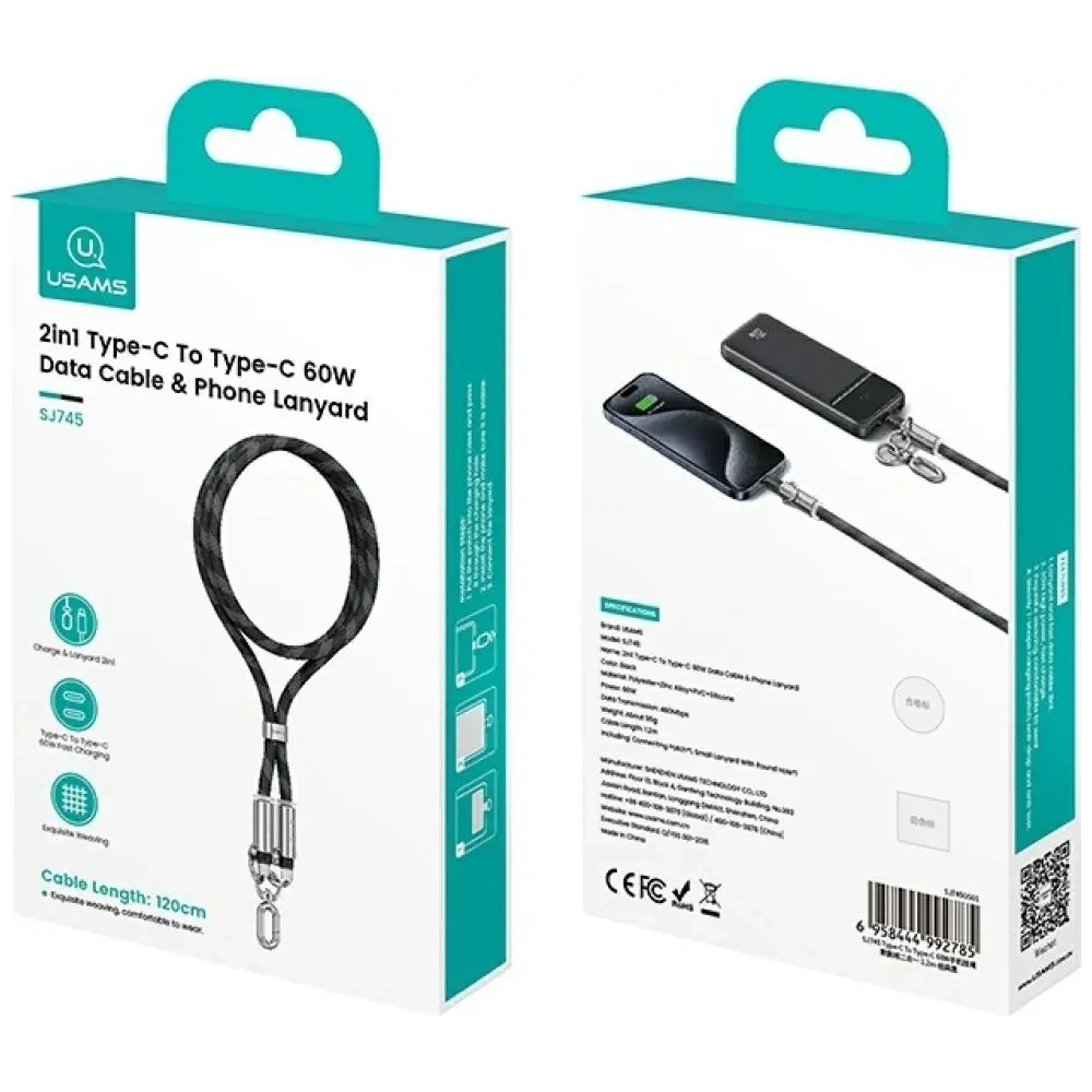 Smycz do telefonu z kablem do ładowania USB-C / USB-C USAMS SJ745 60W 1.2m czarny