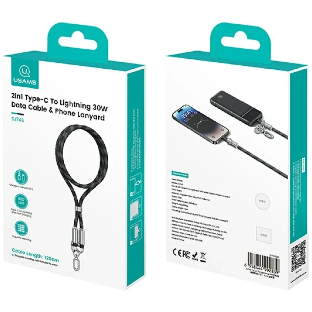 Smycz do telefonu z kablem do ładowania USB-C / Lightning USAMS SJ746 30W 1.2m zielony