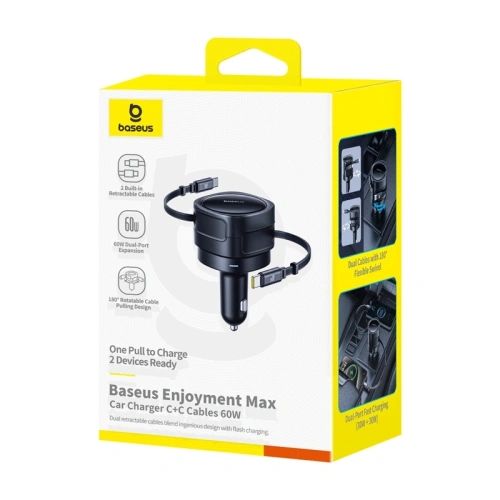 Kup Baseus Enjoyment Max Autós Töltő 2xUSB-C Kábellel 60W Fekete - BSU8969 - {ean13} - Sklep Home Screen