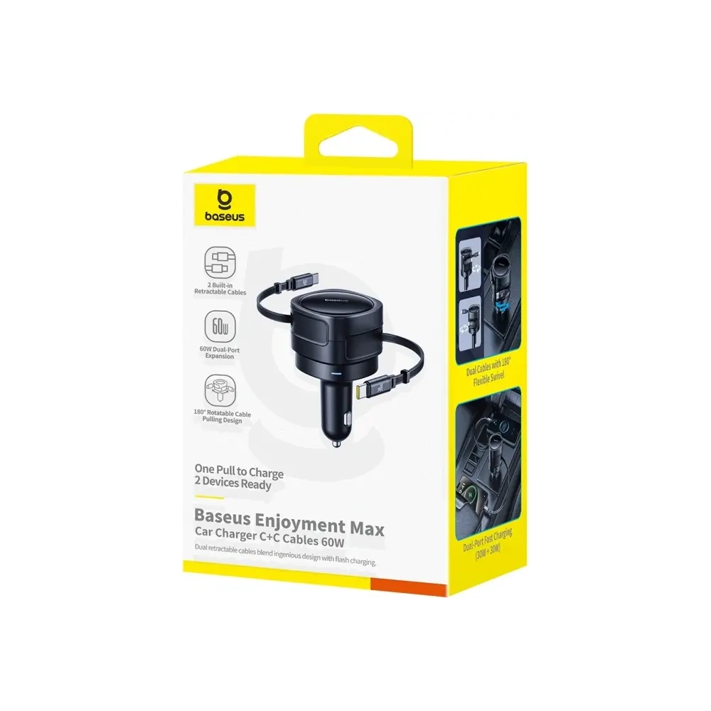 Ładowarka samochodowa Baseus Enjoyment Max z kablami 2xUSB-C 60W Czarny
