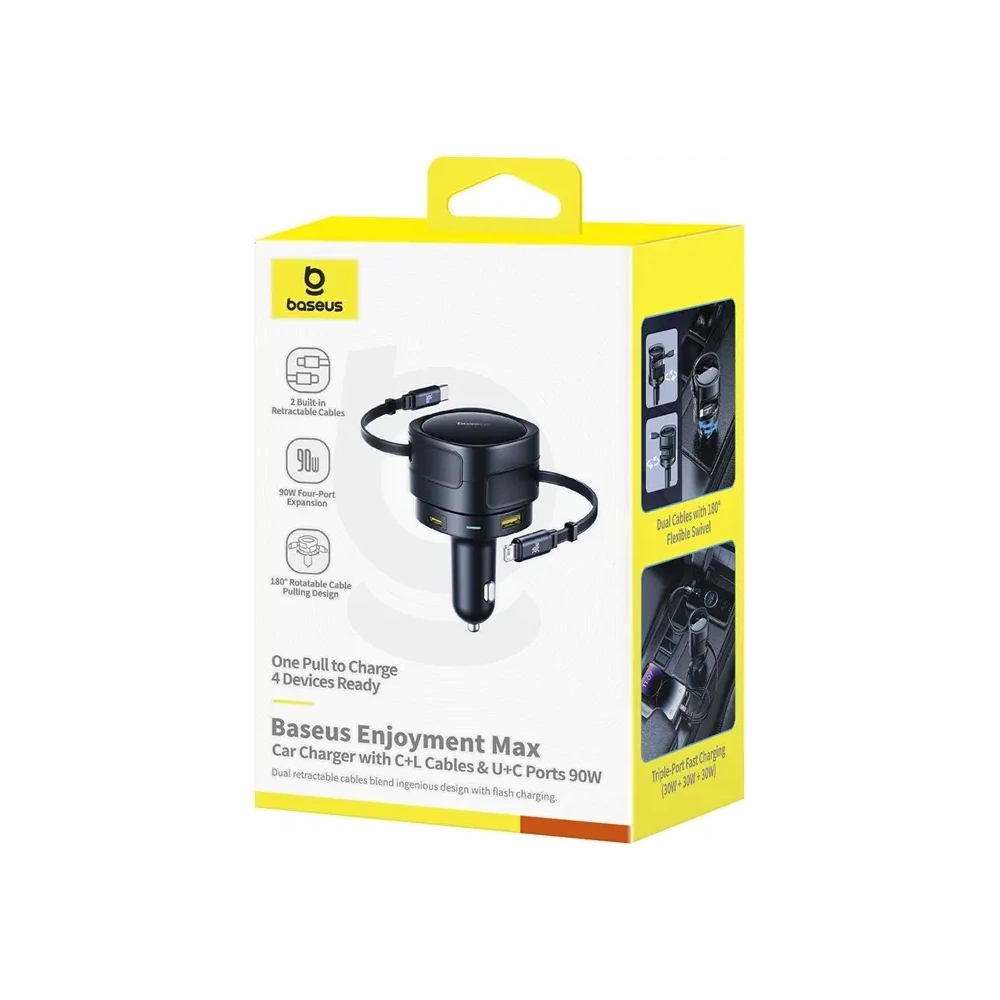 Ładowarka samochodowa Baseus Enjoyment Max USB-A, USB-C z kablami USB-C, Lightning 90W Czarny