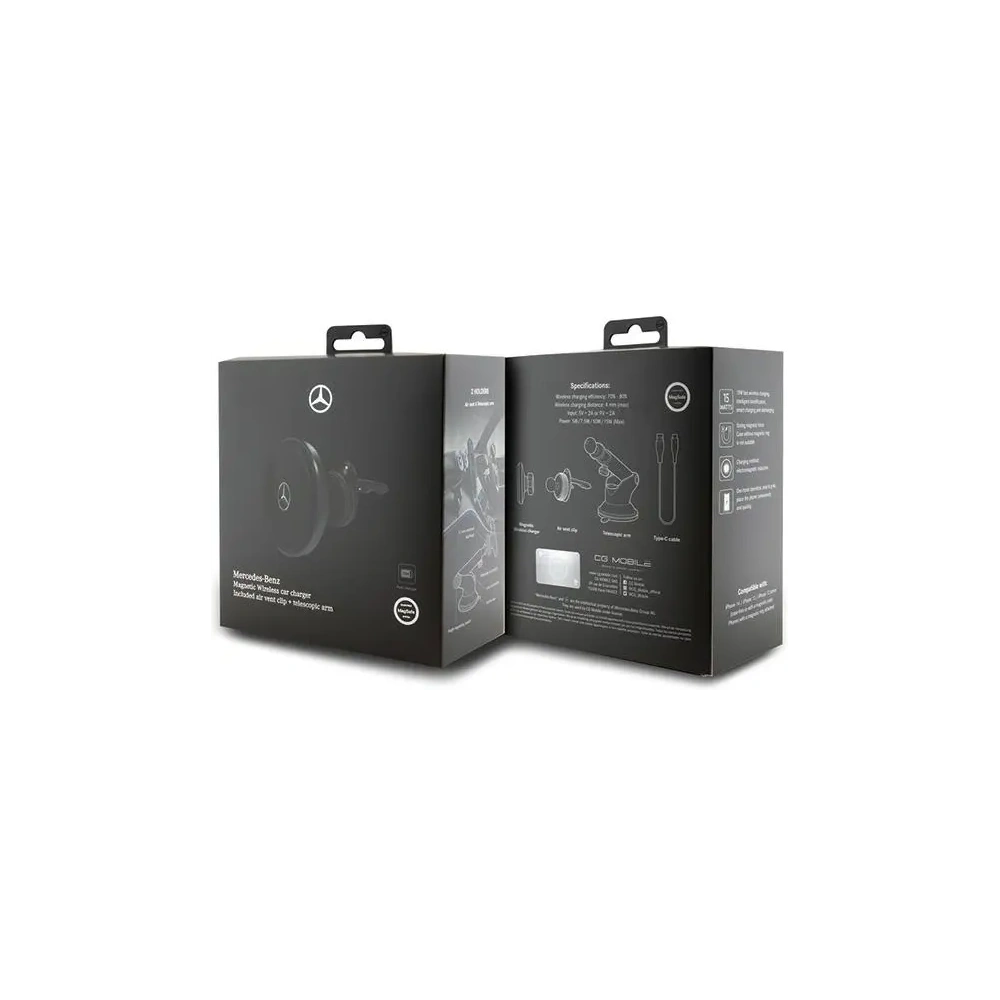 Uchwyt samochodowy do kartki / na szybę z ładowarką bezprzewodową Mercedes MEMWCCK 15W Silver Stars MagSafe czarny