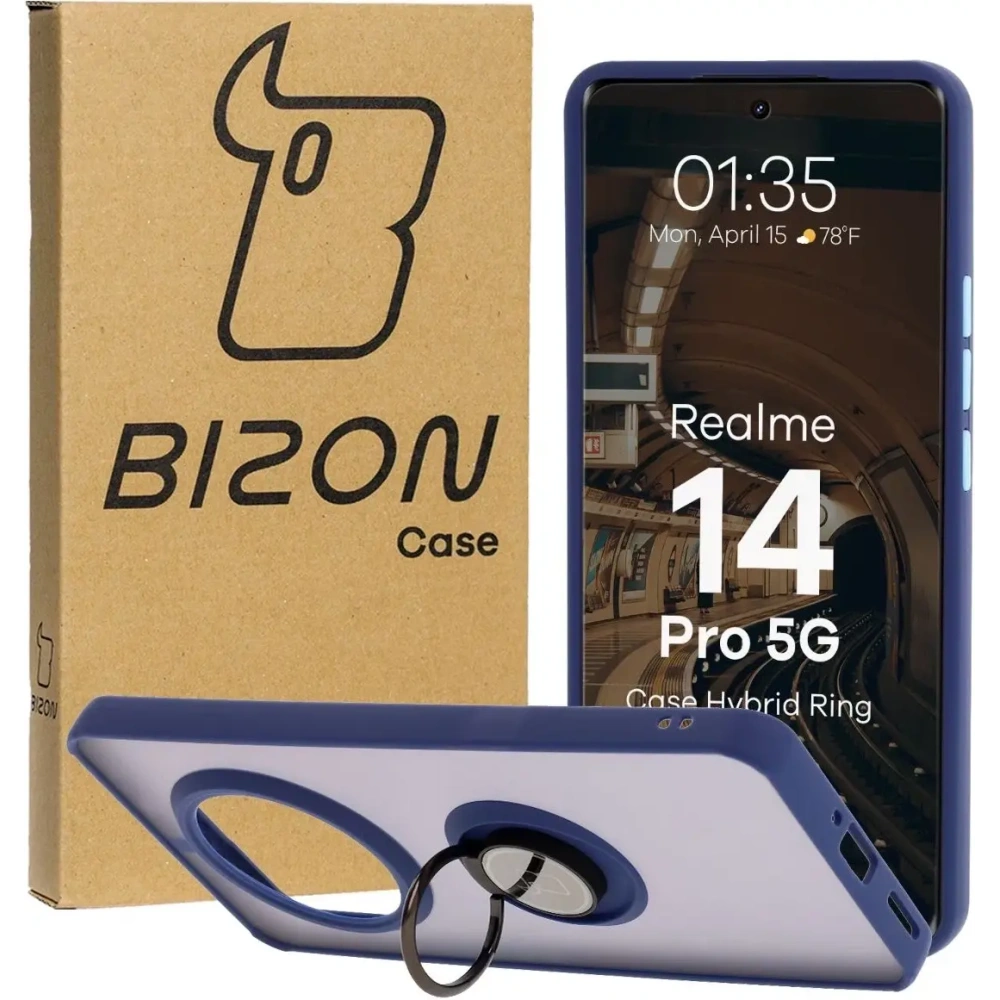 Etui z uchwytem na palec Bizon Case Hybrid Ring do Realme 14 Pro 5G przydymione z granatową ramką