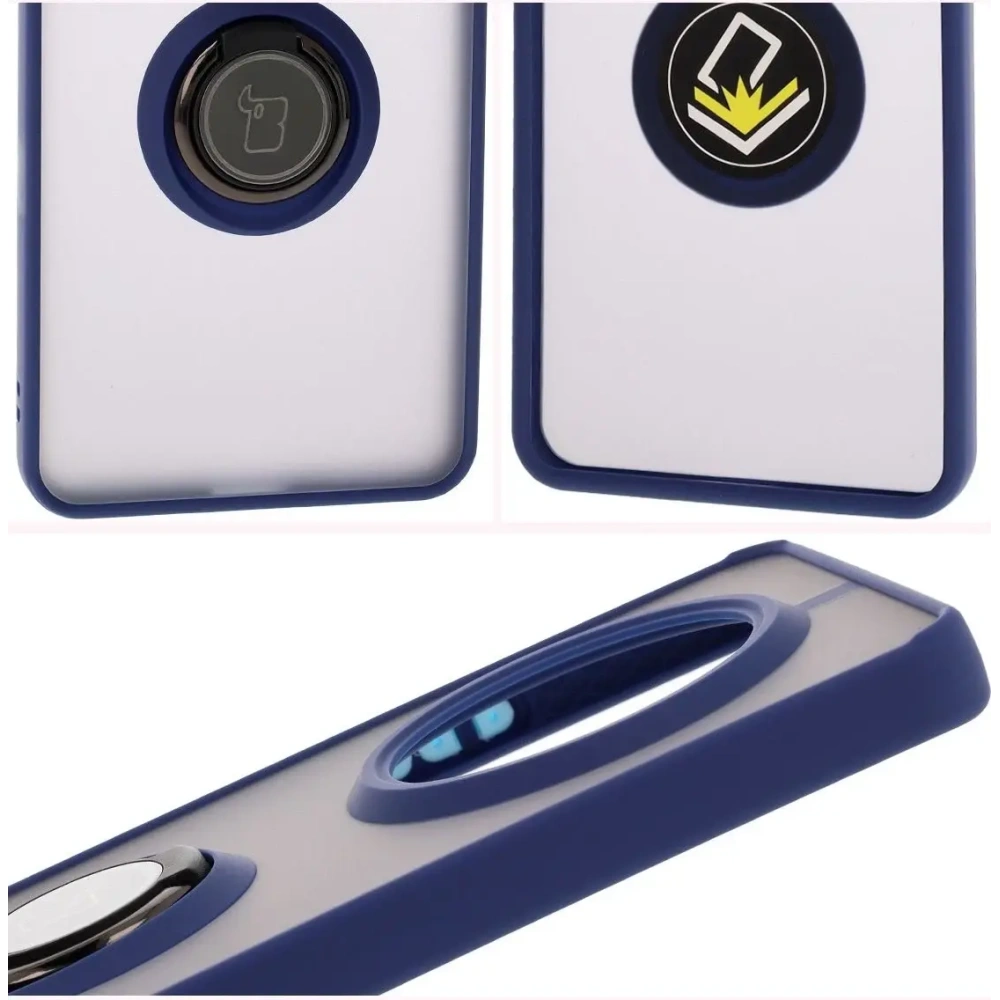Etui z uchwytem na palec Bizon Case Hybrid Ring do Realme 14 Pro 5G przydymione z granatową ramką