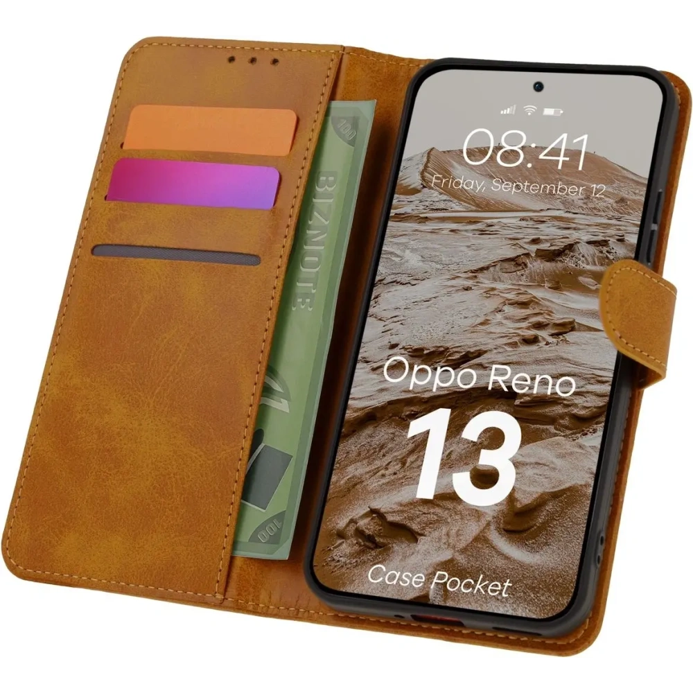 Etui z klapką Bizon Case Pocket do Oppo Reno13 brązowe