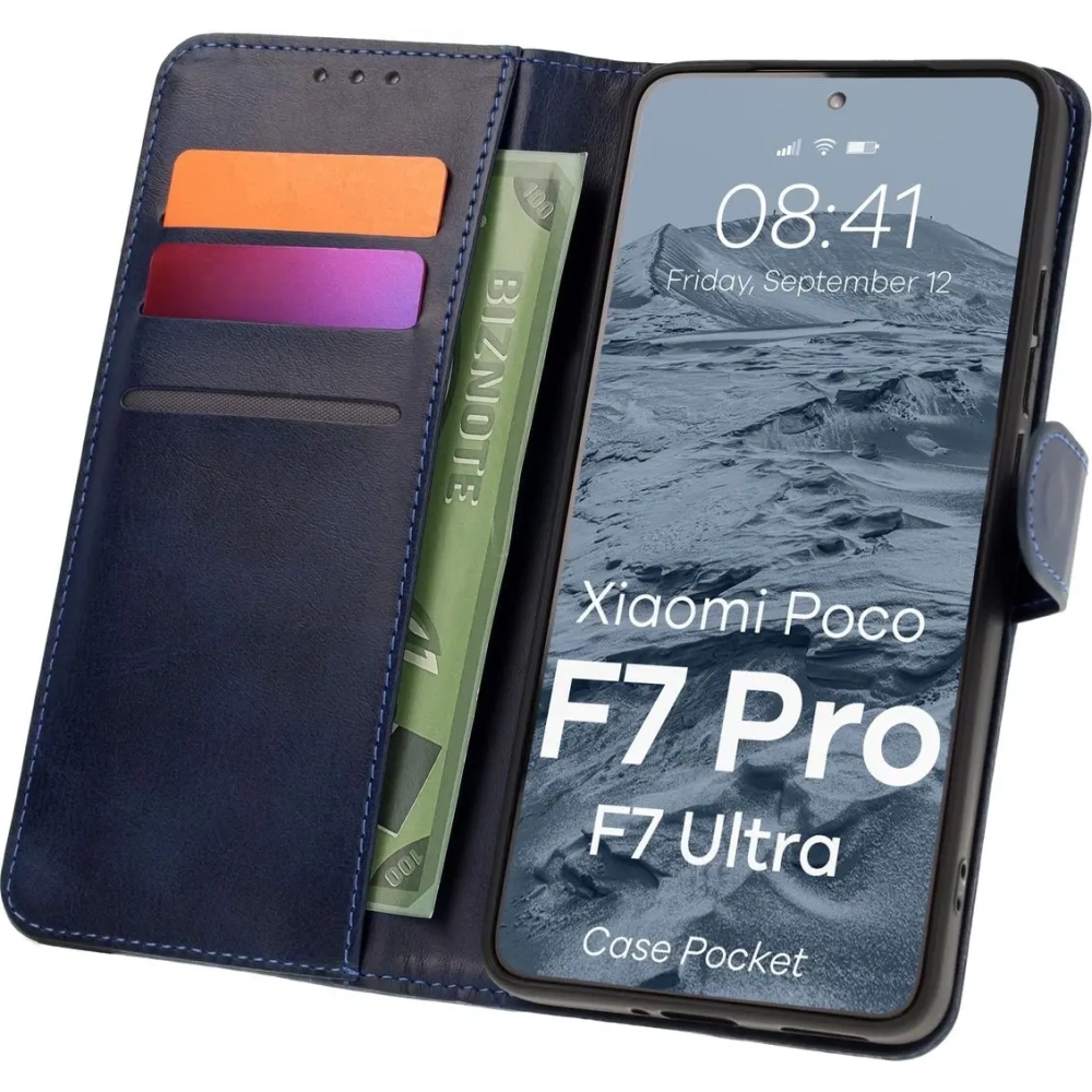 Etui z klapką Bizon Case Pocket do Xiaomi POCO F7 Pro / F7 Ultra granatowe