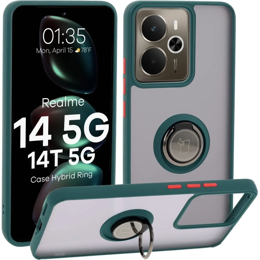 Etui z uchwytem na palec Bizon Case Hybrid Ring do Realme 14 5G / 14T 5G przydymione z ciemnozieloną ramką