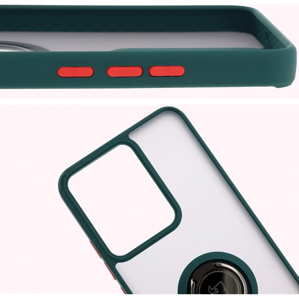 Etui z uchwytem na palec Bizon Case Hybrid Ring do Realme 14 5G / 14T 5G przydymione z ciemnozieloną ramką