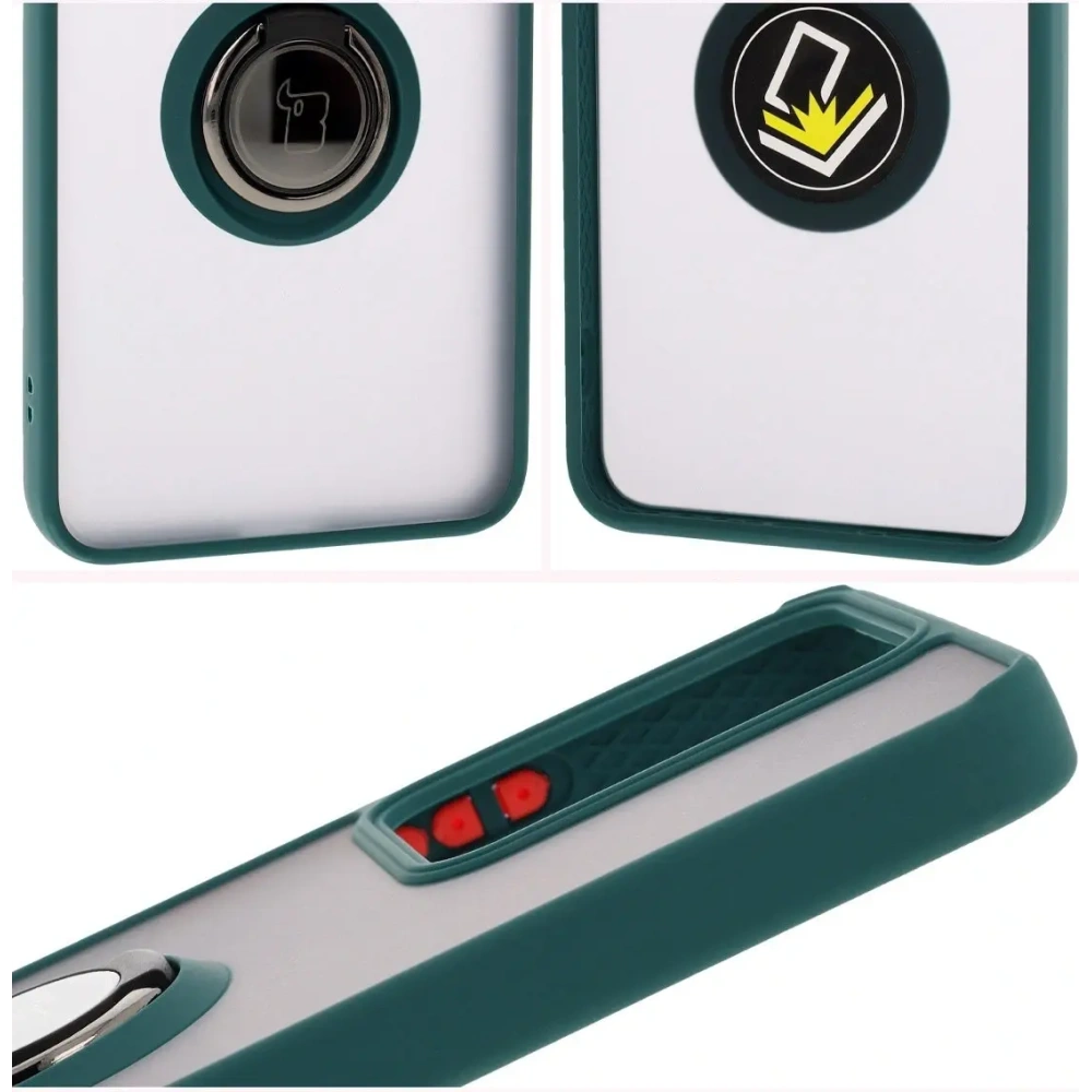 Etui z uchwytem na palec Bizon Case Hybrid Ring do Realme 14 5G / 14T 5G przydymione z ciemnozieloną ramką
